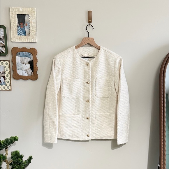 Abercrombie & Fitch Collarless Tweed Jacket in Cream - Picture 6 of 8